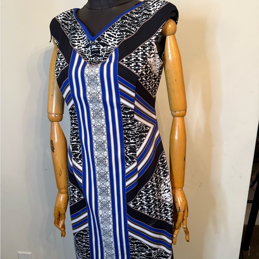 Maggy London Blue and Black Geometric Midi Dress
